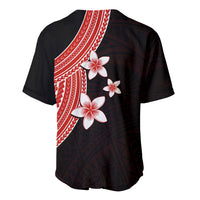 Back view black baseball jersey with red-white diagonal band and plumeria flowers