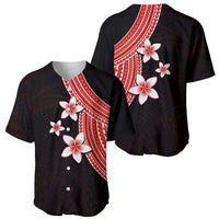 Set of black baseball jerseys with red-white plumeria print, short sleeves, buttons