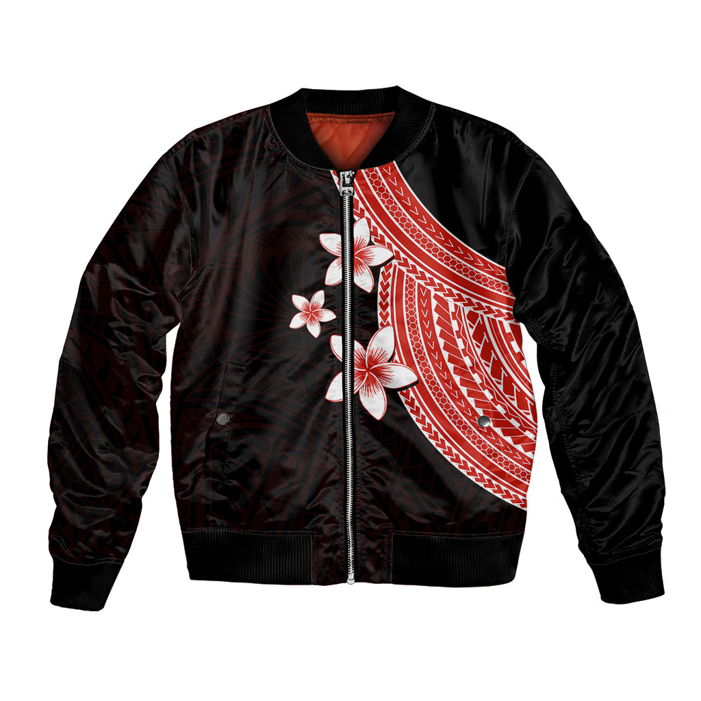 Black bomber jacket with red-and-white plumeria graphic and front zip