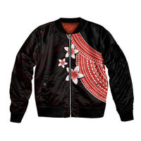 Black bomber jacket with red-and-white plumeria graphic and front zip