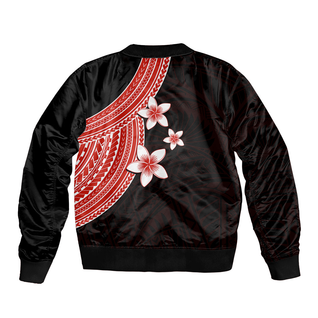 Black bomber jacket with red tribal panel and large back plumeria flowers
