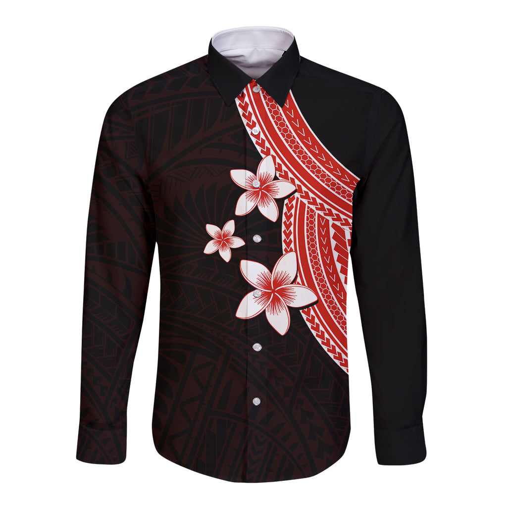 Long sleeve button shirt with red and white plumeria flower print and dark trim