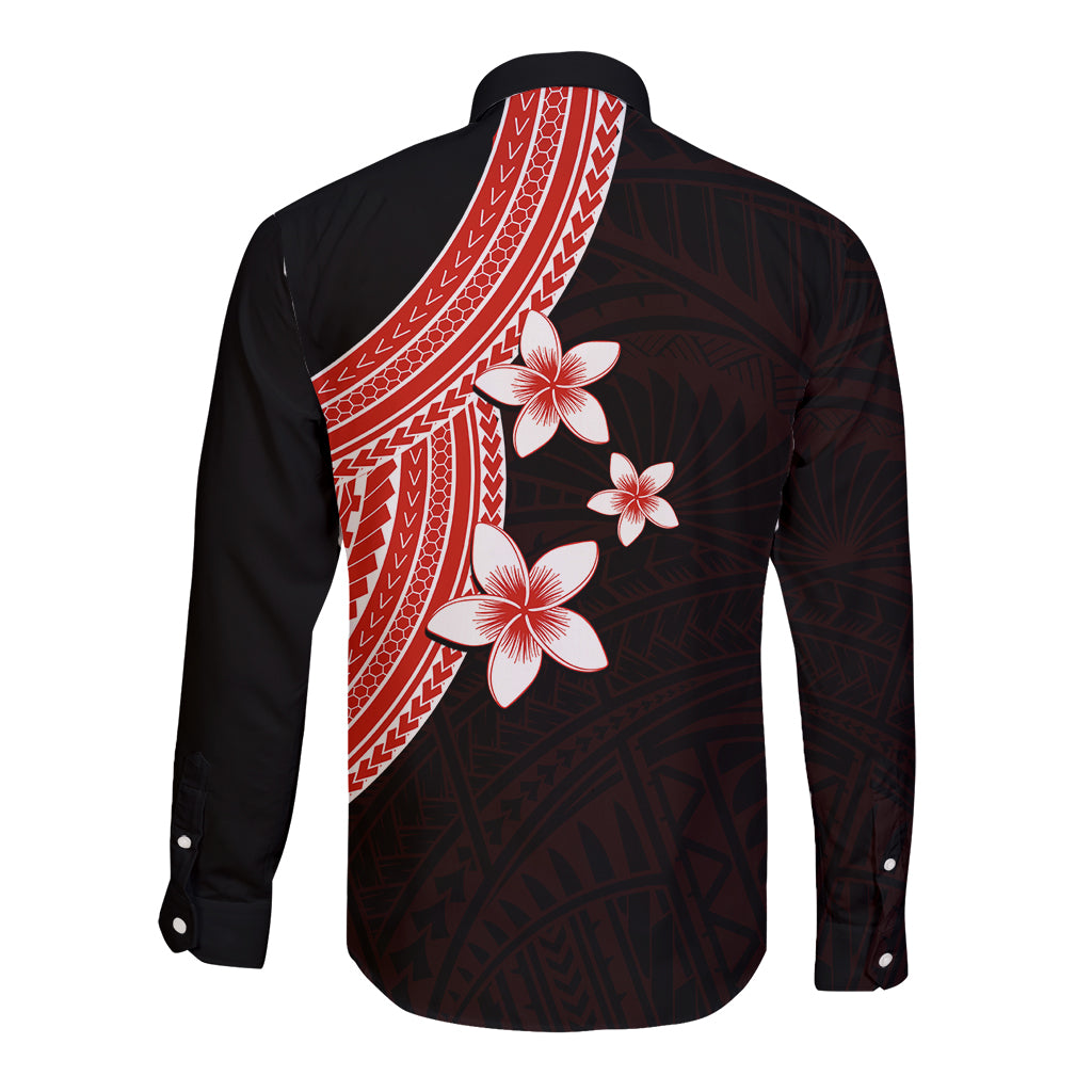 Long sleeve button shirt, back view, red sash pattern with plumeria flowers on dark fabric