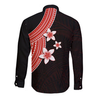 Long sleeve button shirt, back view, red sash pattern with plumeria flowers on dark fabric