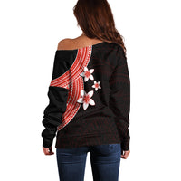 Women’s off-shoulder sweater back, black with red trim and white plumeria print