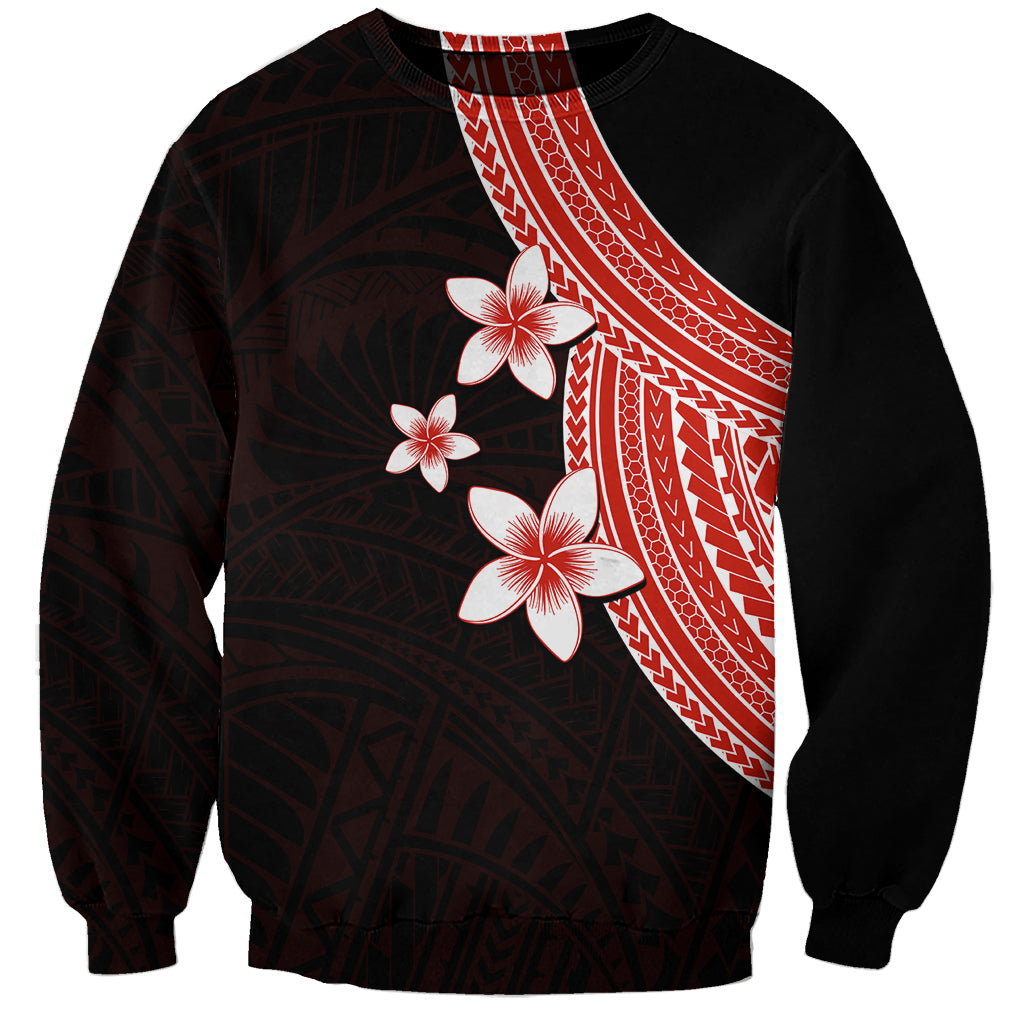 Unisex sweatshirt with red tribal panel and white-red plumeria flowers, dark patterned sleeves