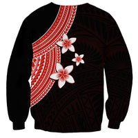 Unisex sweatshirt with red geometric sash and three white-red plumeria flowers, dark patterned body