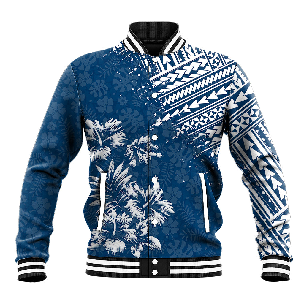 Dark blue baseball jacket with tropical floral print, white tribal panels, striped rib trim