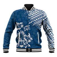 Dark blue baseball jacket with tropical floral print, white tribal panels, striped rib trim