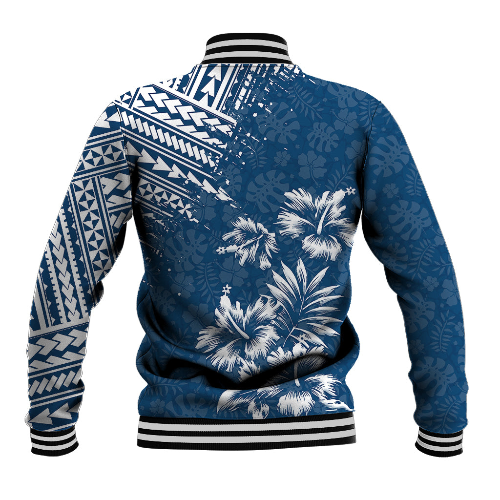Dark blue baseball jacket back view with floral print and white tribal shoulder design, rib trim