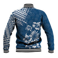 Dark blue baseball jacket back view with floral print and white tribal shoulder design, rib trim