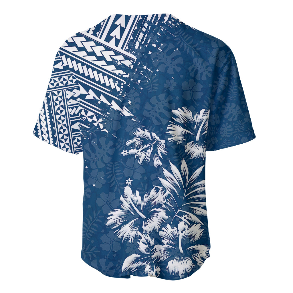 Men's dark blue baseball jersey with white zigzag yoke and palm graphic, short sleeves