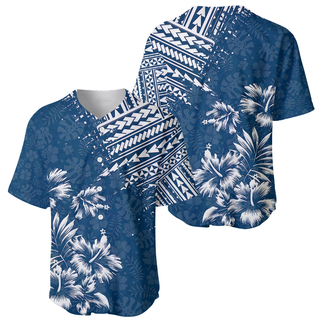 Men's dark blue short-sleeve baseball jersey with white tropical palm print and geometric panel