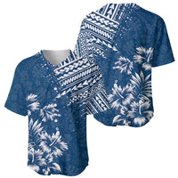 Men's dark blue short-sleeve baseball jersey with white tropical palm print and geometric panel