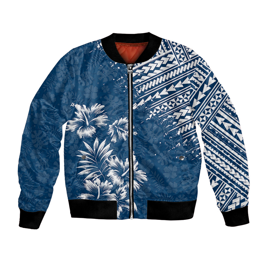 Unisex blue bomber jacket with polynesian geometric print and palm trees, ribbed hem
