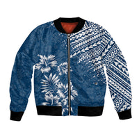 Unisex blue bomber jacket with polynesian geometric print and palm trees, ribbed hem