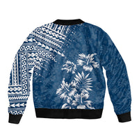 Unisex blue bomber jacket back with geometric pattern panel and large palm tree print, ribbed hem