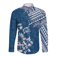 Unisex long sleeve button shirt in dark blue with white floral and geometric print