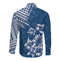 Unisex long sleeve button shirt, dark blue with white tropical floral and tribal panel