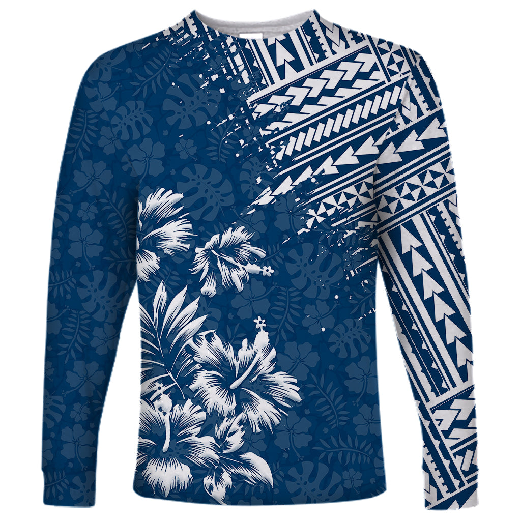 Dark blue long-sleeve shirt with white tropical floral and geometric print
