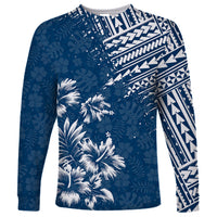 Dark blue long-sleeve shirt with white tropical floral and geometric print