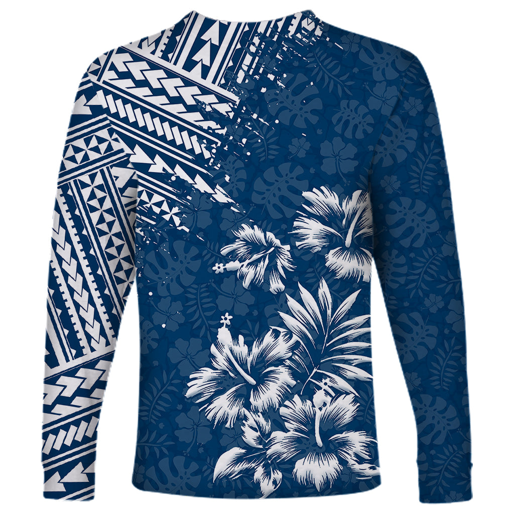 Dark blue long-sleeve shirt with white palm leaf floral and tribal geometric panels