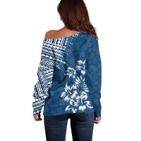 Women’s off-shoulder sweater, back view in dark blue with white palm and tribal print