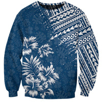 Unisex crewneck sweatshirt in dark blue with white palm and Polynesian pattern print
