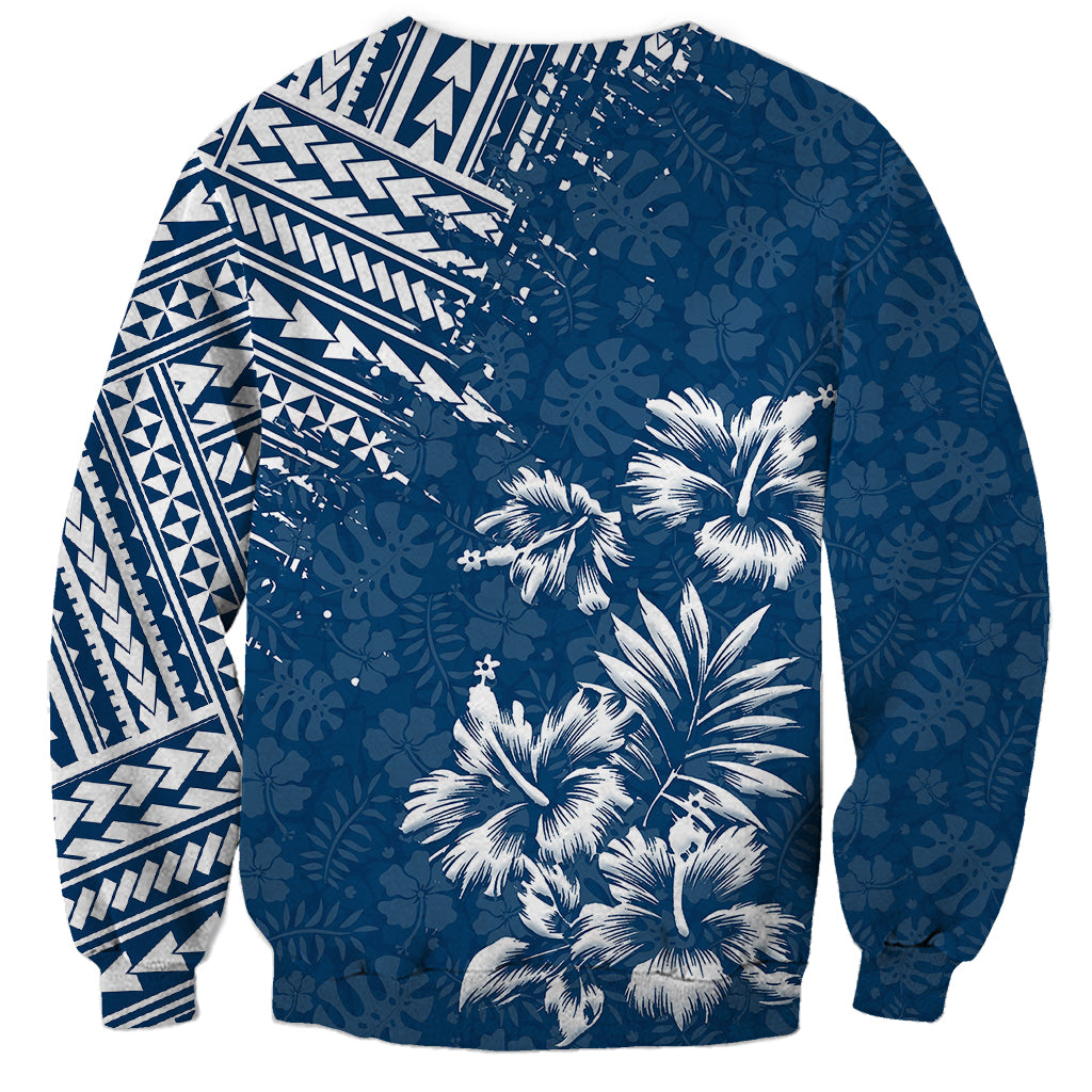 Unisex crewneck sweatshirt, dark blue, front graphic with palms and tribal-style stripes