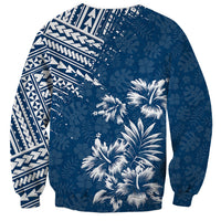 Unisex crewneck sweatshirt, dark blue, front graphic with palms and tribal-style stripes