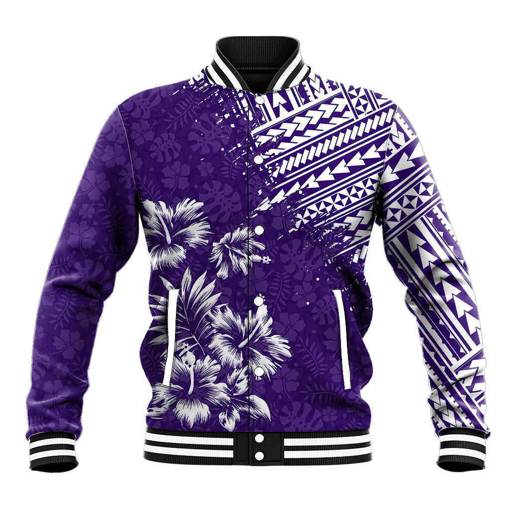 Purple baseball jacket with button front, ribbed collar and cuffs, floral and geometric prints