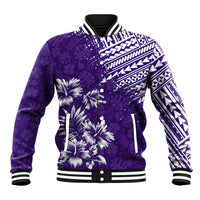Purple baseball jacket with button front, ribbed collar and cuffs, floral and geometric prints