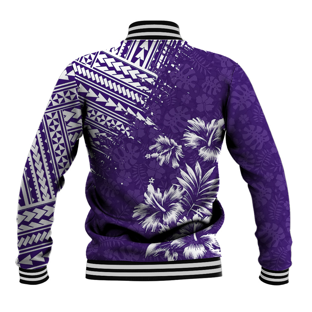 Purple baseball jacket back view with geometric trim, floral print, ribbed waistband and cuffs