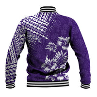 Purple baseball jacket back view with geometric trim, floral print, ribbed waistband and cuffs