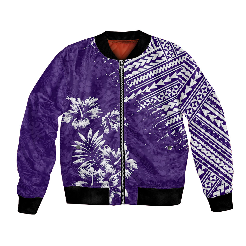 Purple bomber jacket, palm tree print, zip front, tribal sleeve pattern, black rib trim