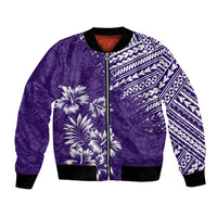 Purple bomber jacket, palm tree print, zip front, tribal sleeve pattern, black rib trim