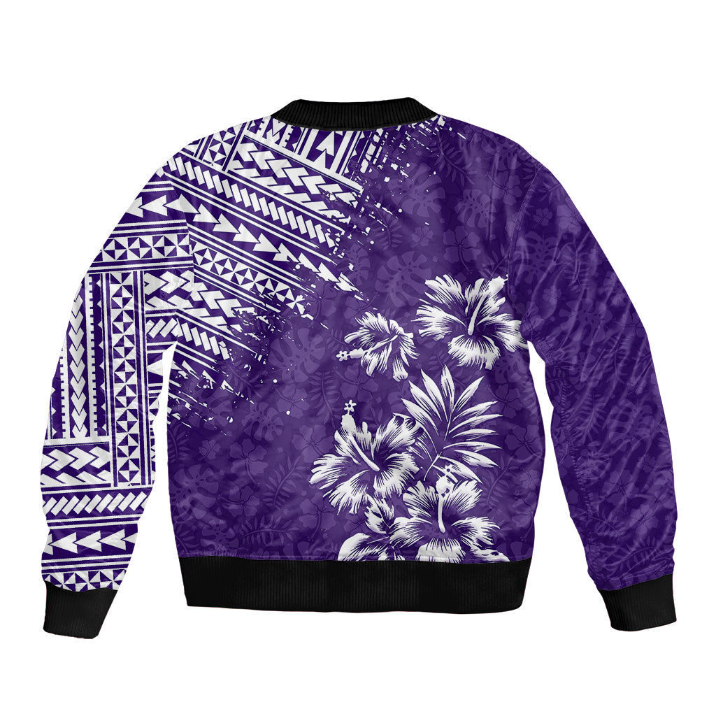 Purple bomber jacket with palm tree print and tribal geometric pattern, black ribbed collar