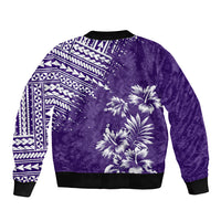 Purple bomber jacket with palm tree print and tribal geometric pattern, black ribbed collar