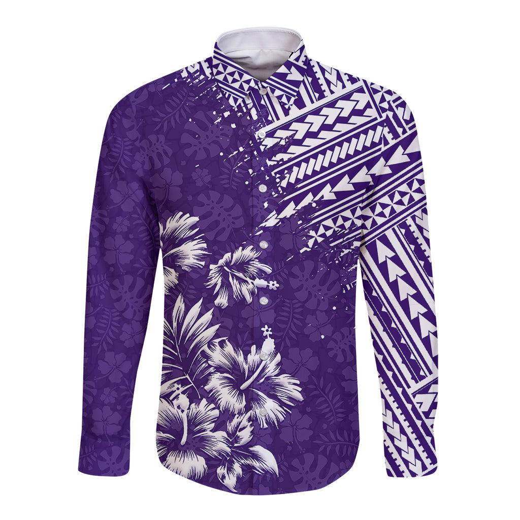 Unisex long-sleeve button shirt, purple with palm and tribal print
