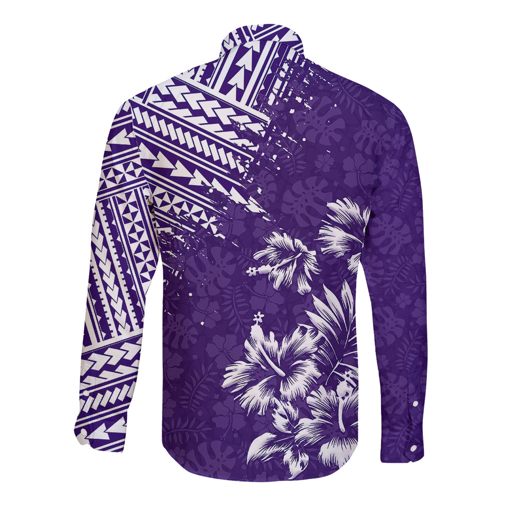 Unisex long-sleeve button shirt, purple with palm flowers and geometric sleeve print