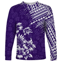 Purple long-sleeve shirt with white floral palm print and diagonal tribal pattern