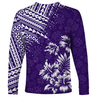 Purple long-sleeve shirt with white palm and tribal stripe print on back