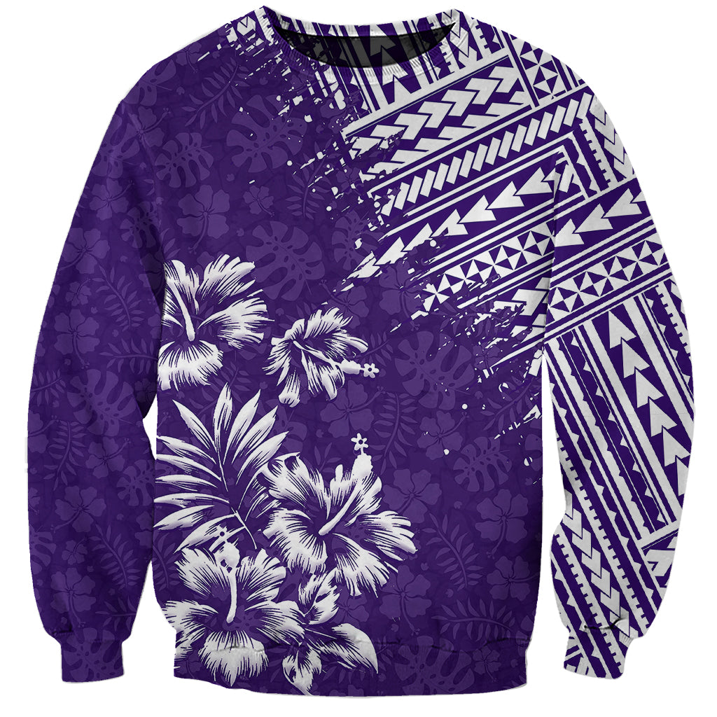 Unisex purple crewneck sweatshirt with tropical palm and geometric Aztec-style pattern