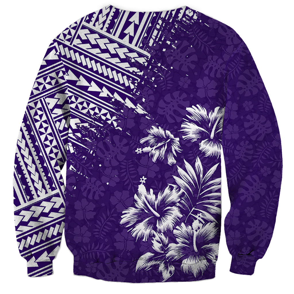 Unisex purple crewneck sweatshirt, geometric panel and palm-flower print on back