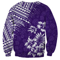 Unisex purple crewneck sweatshirt, geometric panel and palm-flower print on back
