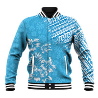 Light blue unisex baseball jacket with front zip, striped ribbed collar, tropical floral print