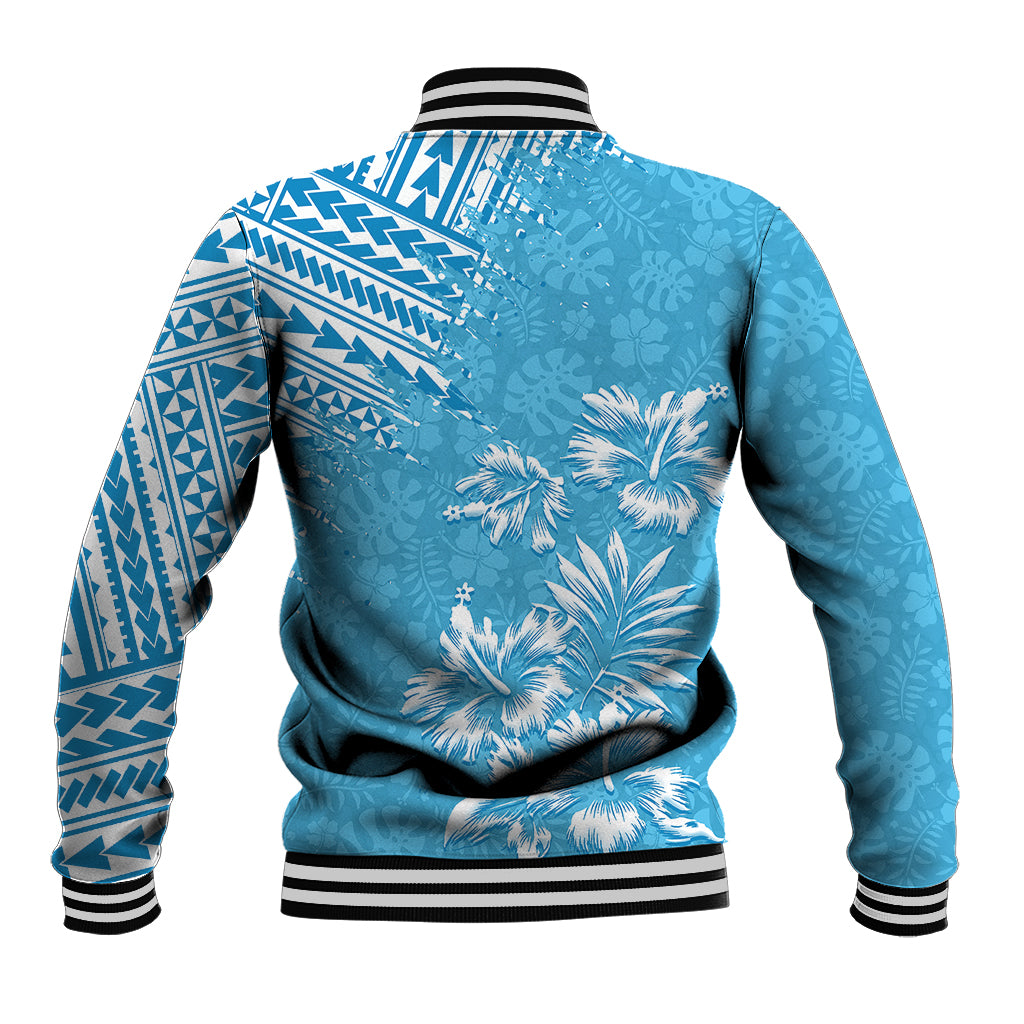 Light blue unisex baseball jacket back with striped ribbed hem and cuffs, tribal floral print