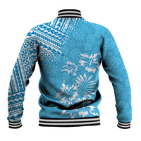 Light blue unisex baseball jacket back with striped ribbed hem and cuffs, tribal floral print
