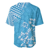 Light blue baseball jersey with all-over palm and tribal geometric print, short sleeves