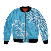 Unisex light blue bomber jacket with front zipper, palm print, and patterned sleeves